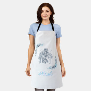 Tablier Initiale "N" Monogramme bleu Calme Floral