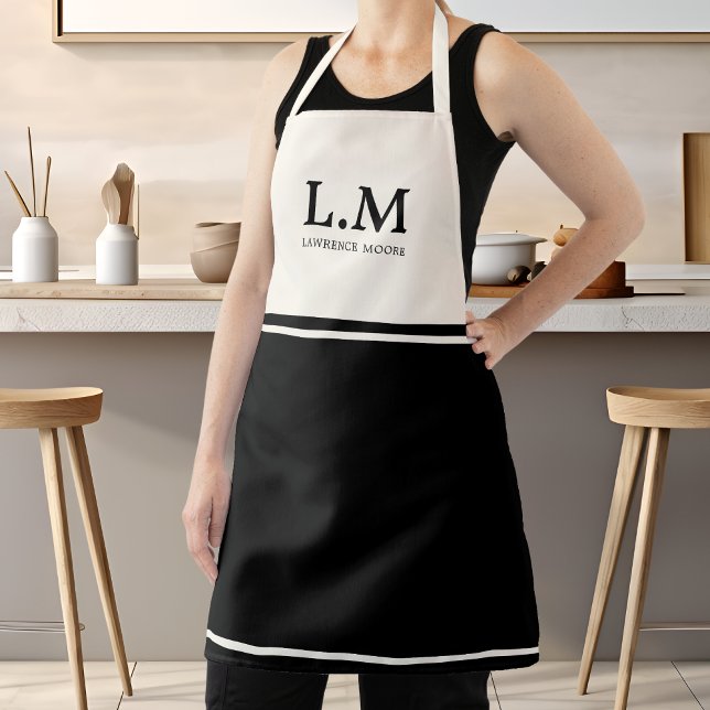 Tablier Initiales Noms Monogramme Noir Élégant (Elegant Monogram Black Initials Name Classic Typo Apron)