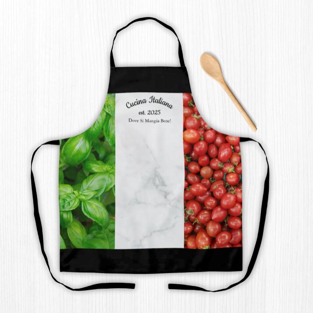 Tablier Italian Flag of Basil, Marble, and Tomatoes (Flag of Italy:  Basil, white marble, and tomatoes - Italian Kitchen Apron with Custom Wording)