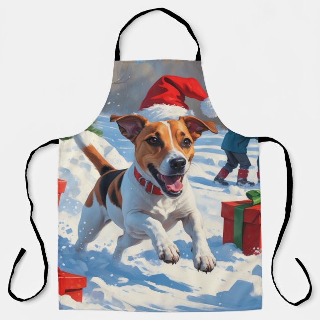 Tablier Jack Russell courant dans la neige avec un chapeau (Recto)