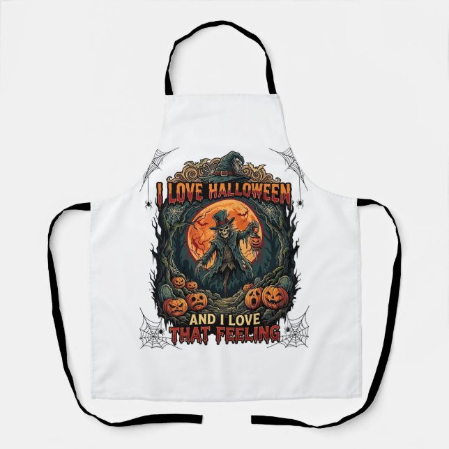 Tablier J'aime Halloween Squelette Épouvantail Pleine Lune (Recto)