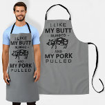 Tablier J'aime mon cul frotté et mon porc tiré porc gris p<br><div class="desc">humour jambon. "j'aime mon cul frotté et mon porc tiré" de longs bistrots gris cuisiniers barbecue tablier de cuisine,  avec schéma de silhouette de découpe de porc</div>
