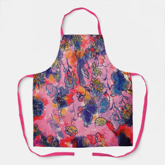 Tablier Jardin aux fleurs roses et violettes Aquarelle ori