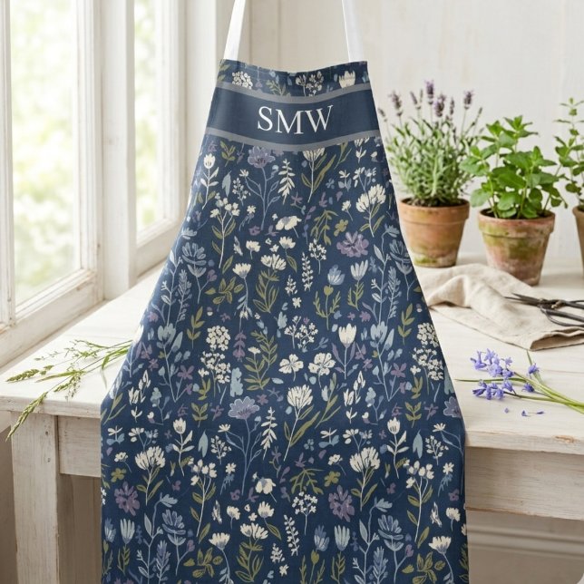 Tablier Jardin botanique de la Fleur sauvage de la Marine  (Navy botanical wildflower apron — a charming birthday gift idea for the home cook or gardener)