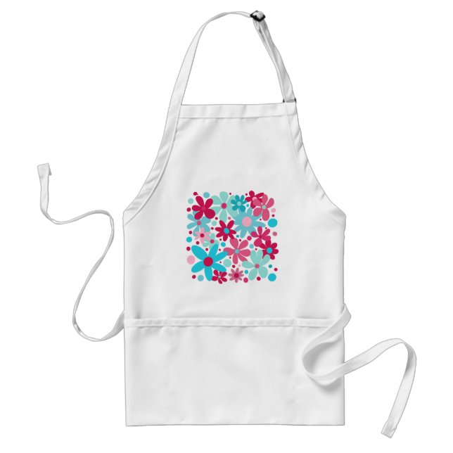 Tablier Jardin de fleurs funky bleu et rose (Devant)