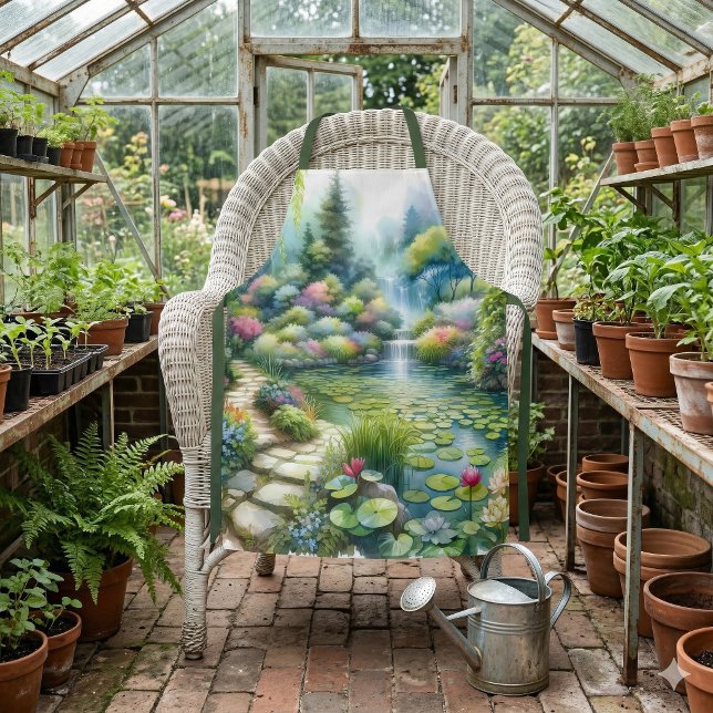 Tablier Jardin de la Cascade Enchantée Étang aux Lys (Enchanted Waterfall Garden Lily Pond Apron Over Wicker Chair)