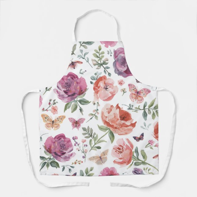 Tablier Jardin de papillons botanique aquarelle florale (Recto)
