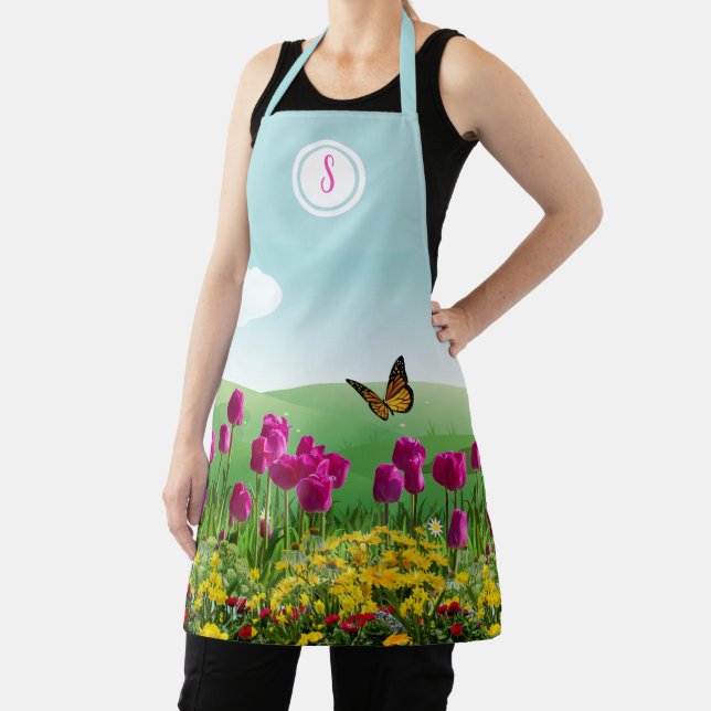 Tablier Jardin de tulipes roses monogramme  (Insitu)