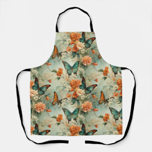 Tablier Jardin Floral Papillon Sarcelle Vintage Orange