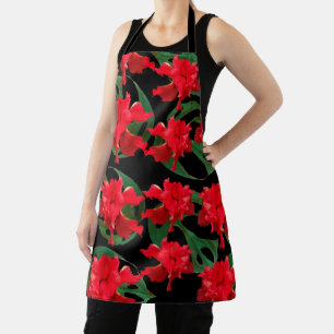 Tablier Jardin Hibiscus Monstera Motif Black Apron
