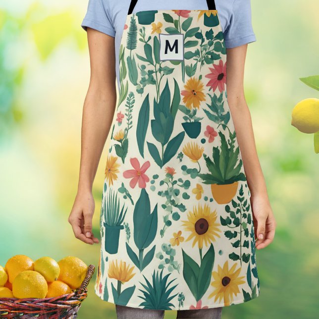 Tablier Jardinage Plante Motif Amoureux des jardins Monogr (A chic monogrammed apron patterned with plants and flowers. An ideal gift for garden lovers)
