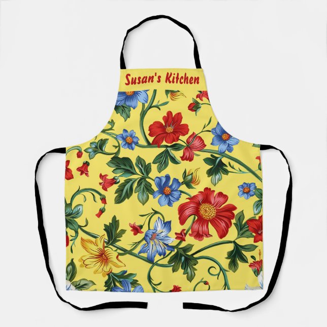 Tablier Jaune avec floral rouge et bleu (Recto)