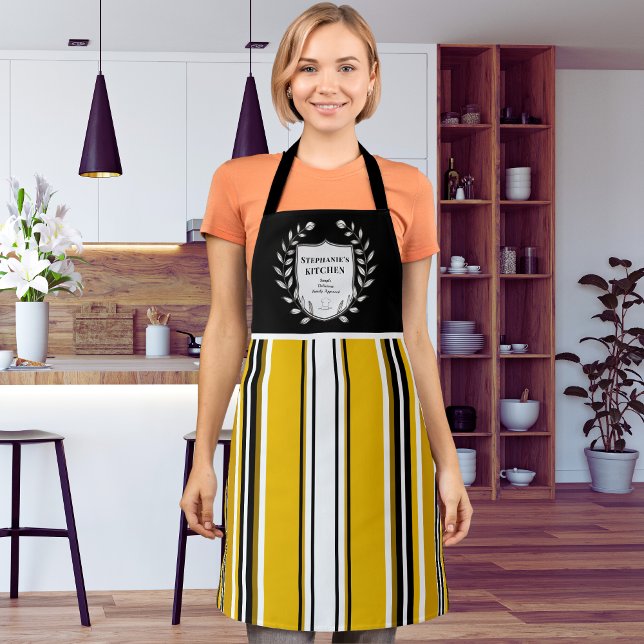Tablier Jaune Personnalisé Blanc Bandes Noires Cuisine (Créateur téléchargé)
