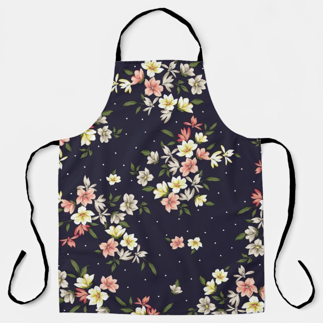 Tablier jaune rose et marron petites fleurs avec lea vert (Recto)