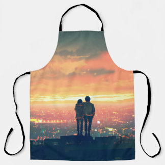 Tablier jeune couple debout sur le toit en regardant c