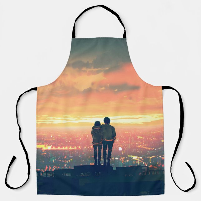 Tablier jeune couple debout sur le toit en regardant c (Recto)