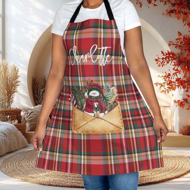 Tablier Joli Carreaux Écriture Rustique Noël Vacances Nom (Christmas Plaid Red Checkered Custom Apron)