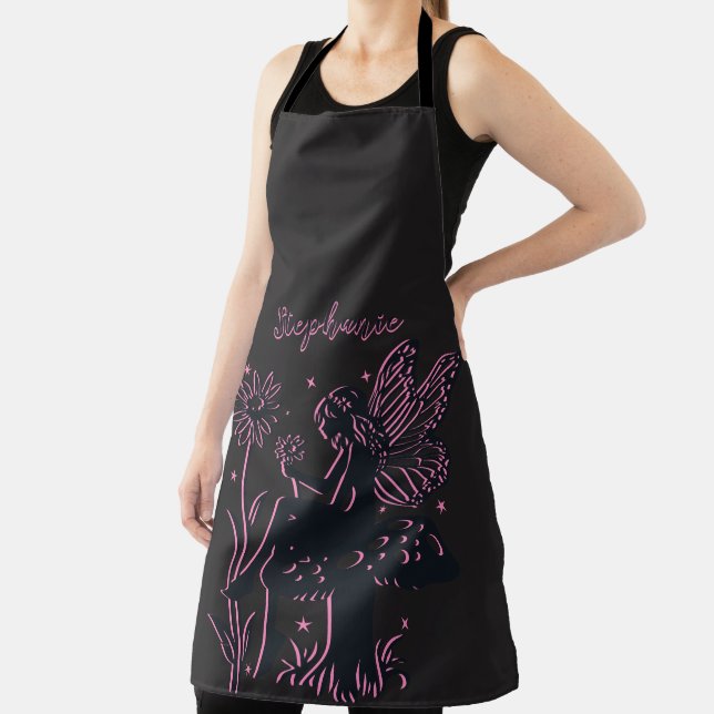Tablier Joli champignon fée et fleurs noir et rose (Insitu)