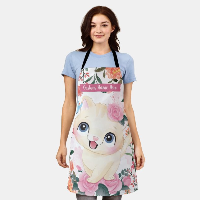 Tablier Joli Chat Roses Roses Blush Fleurs Nom Personnalis (Porté)