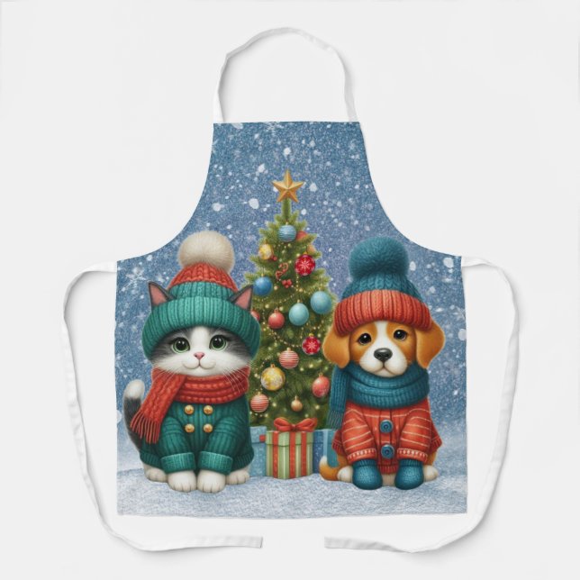 Tablier Joli chiot de Noël & chaton (Recto)