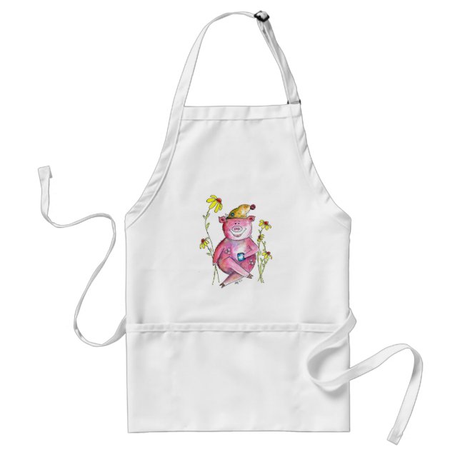 Tablier Joli Cochon Fantaisiste Buvant du Café (Devant)