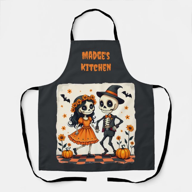 Tablier Joli couple de squelettes d'Halloween en orange (Recto)
