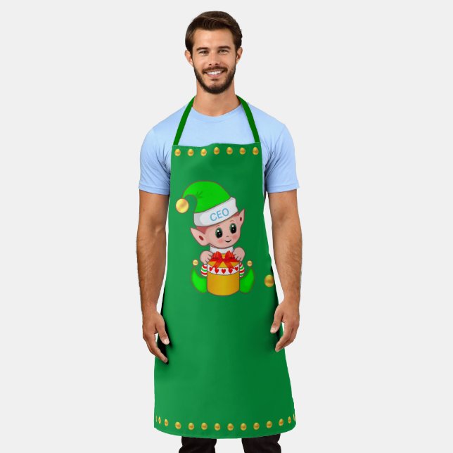 Tablier Joli elfe de Noël et confettis dorés sur fond vert (Porté)