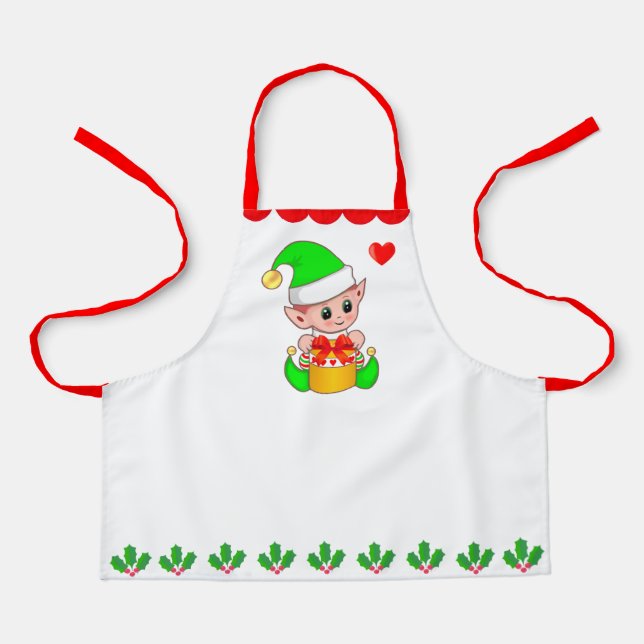 Tablier Joli elfe de Noël et décoration de feuille de baie (Recto)