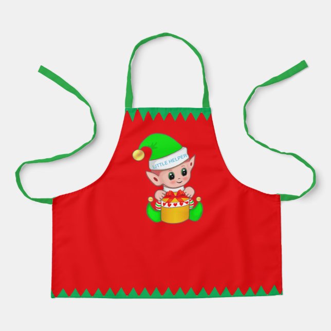 Tablier Joli elfe de Noël et rayures vertes sur fond rouge (Recto)