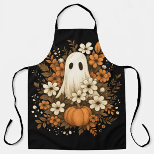 Tablier Joli Fantôme avec Citrouille et Fleurs d'Automne –