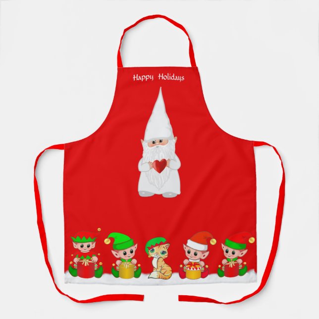 Tablier Joli gnome de Noël et escouade d'elfes sur fond ro (Recto)