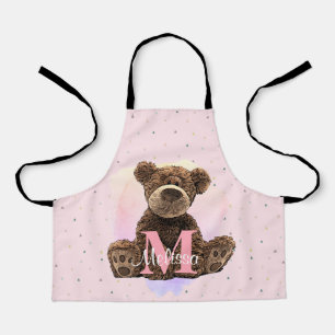 Tablier Joli Monogramme Aquarelle Nom Ours en Teddy Rose