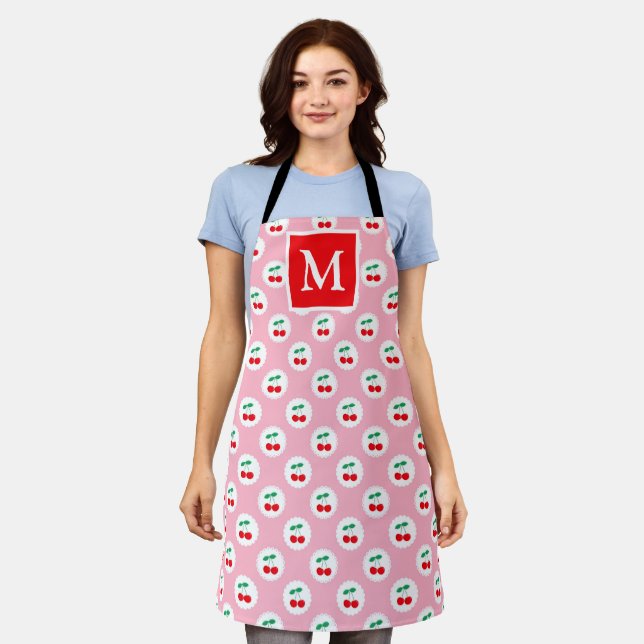 Tablier Joli Monogramme de Cerises d'Été Rose Clair et Rou (Porté)