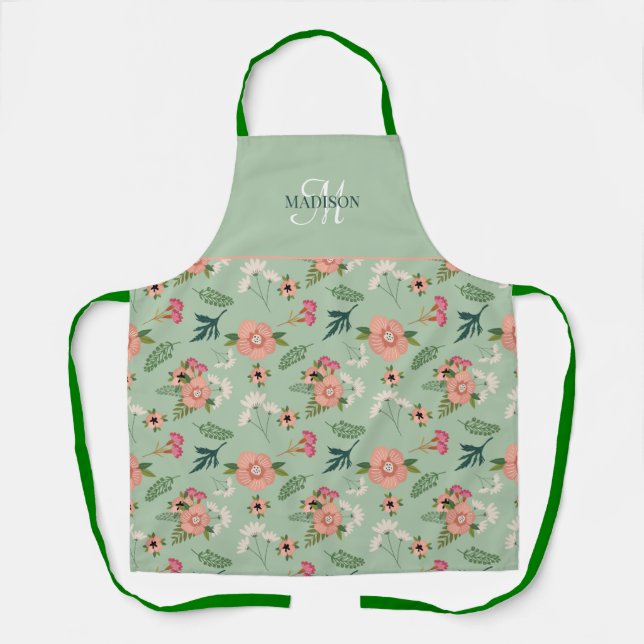 Tablier Joli Monogramme Floral rose moderne (Recto)