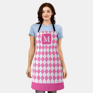 Tablier Joli motif argyle monogramme rose et blanc