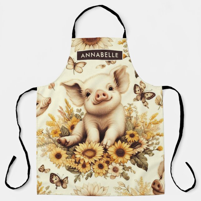 Tablier Joli Motif de cochon de tournesol Vintage (Recto)