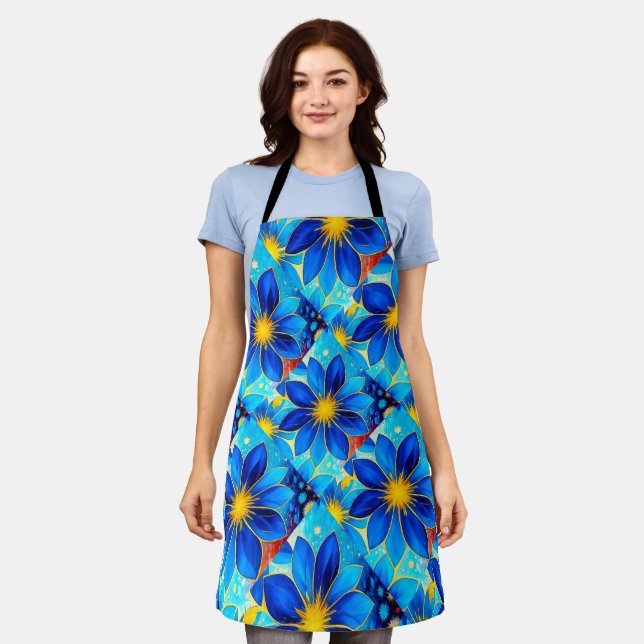 Tablier Joli Motif de Fleurs Bleues (Porté)
