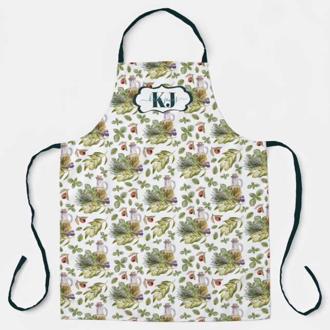 Tablier Joli Motif d'huile d'olive aquarelle | Monogramme (Recto)