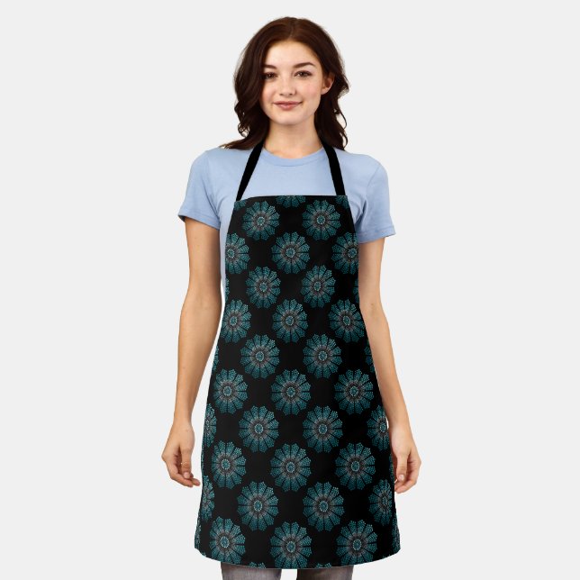 Tablier Joli noir blanc blanc Turquoise Dot Art féminin (Porté)