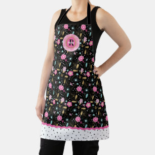 Tablier Joli noir rose Monogramme Floral Impression