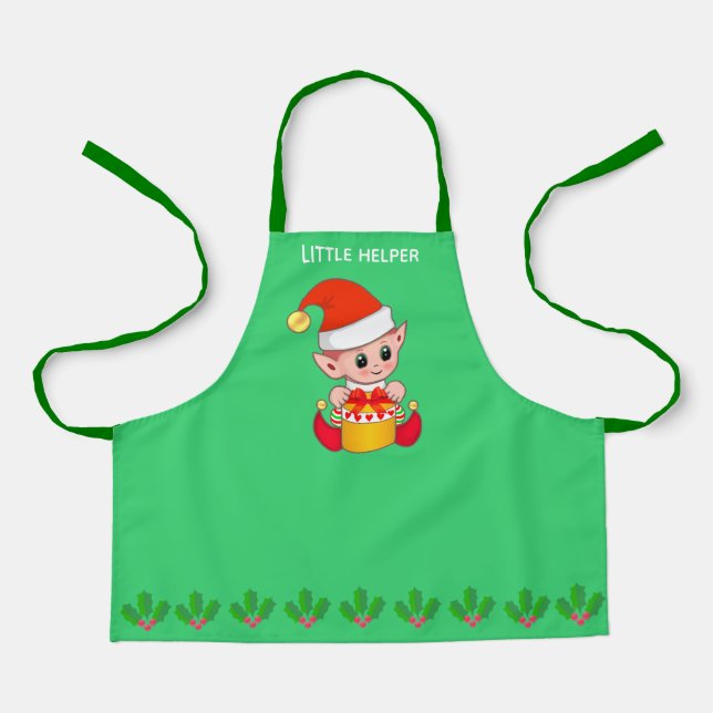 Tablier Joli petit lutin d'aide de Noël sur fond vert (Recto)