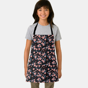 Tablier Joli petit motif floral rose avec fond noir