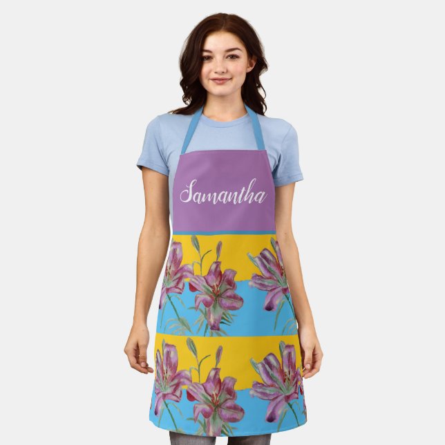 Tablier Joli rose Lily Aquarelle Cuisine Floral Apron (Porté)