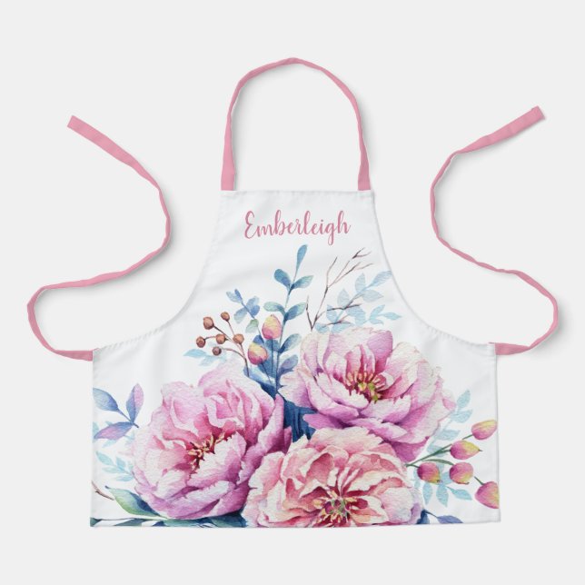 Tablier Jolie aquarelle rose florale pivoines filles (Recto)