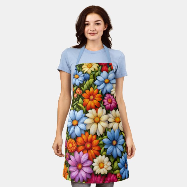Tablier Jolies fleurs, aux couleurs vives, (Porté)