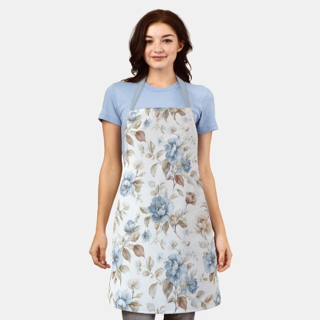 Tablier Jolies Fleurs Bleues Crème Beige Marron (Porté)