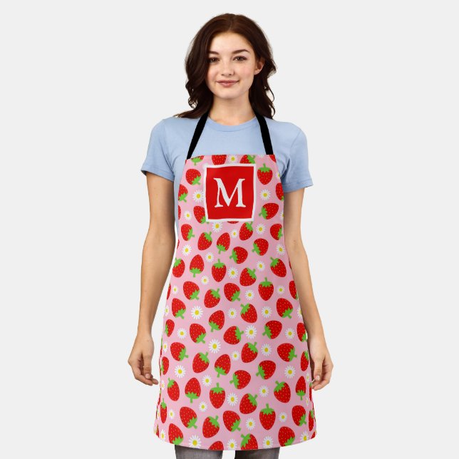 Tablier Jolies fraises roses et rouges d'été Monogramme (Porté)