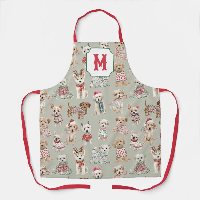 Tablier Jolis chiens de Noël Monogramme (Recto)