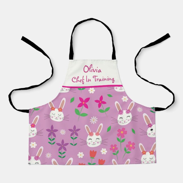 Tablier Jolis lapins avec fleurs chef en formation  (Recto)