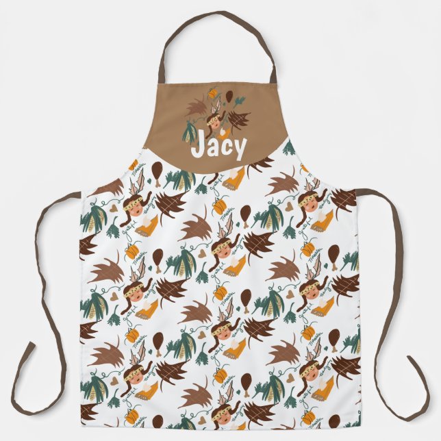 Tablier Jolis pèlerins de Thanksgiving automne verdure gri (Recto)